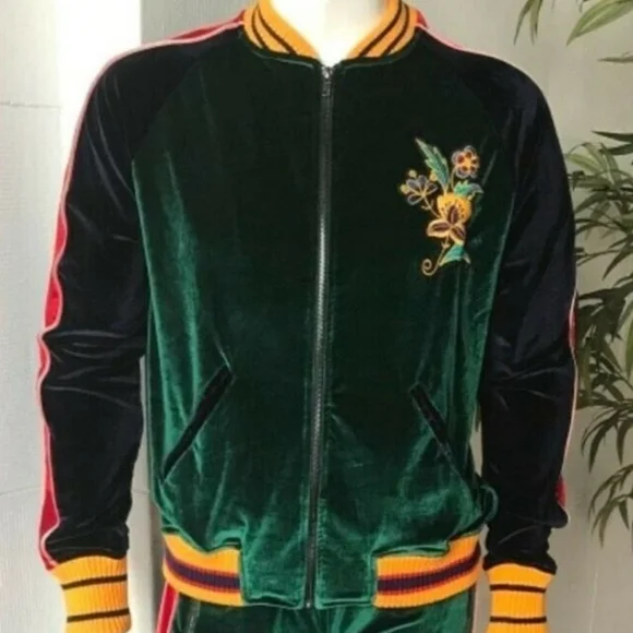 Hudson Outerwear Men's Green Velour Track Jacket with Embroidery Design - Picture 2 of 7